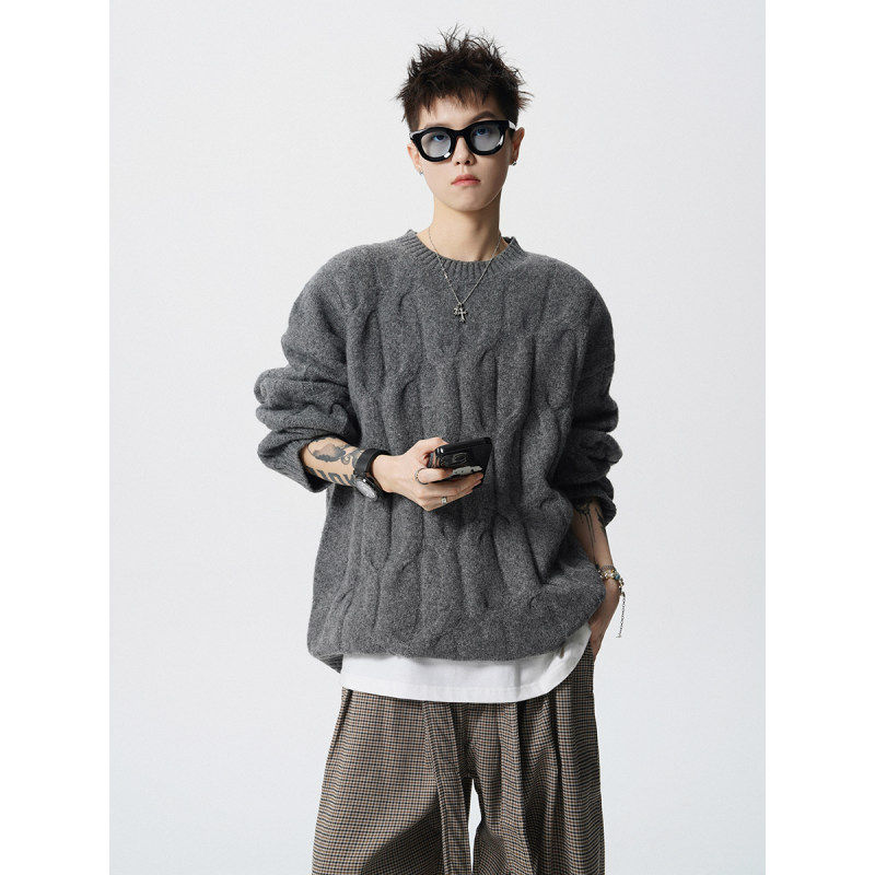 美式麻花圆领毛衣男春秋季潮牌纯色宽松情侣针织衫慵懒风休闲上衣,男装,针织衫/毛衣,淘宝优惠券,粉丝福利购,淘宝优惠卷