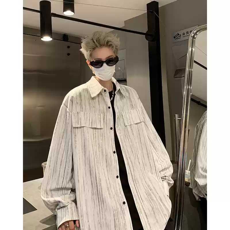 港风ins扎染长袖衬衫男秋装加肥加大码潮胖人宽松休闲衬衣薄外套