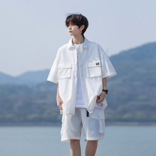 白色防晒短袖polo领衬衫套装男夏季薄款户外防水速干外套短裤搭配