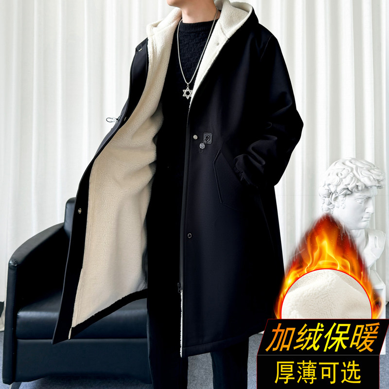 风衣男中长款冬季加绒加厚羊羔毛大衣高级感潮牌宽松羊羔绒外套潮