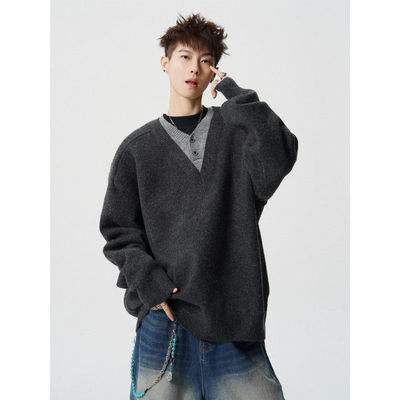 老钱风假两件V领针织衫男冬潮牌慵懒风内搭毛衣高街百搭情侣上衣