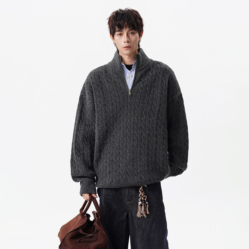 美式复古麻花半拉链高领针织衫男女春季新款潮牌宽松保暖情侣毛衣,男装,针织衫/毛衣,淘宝优惠券,粉丝福利购,淘宝优惠卷