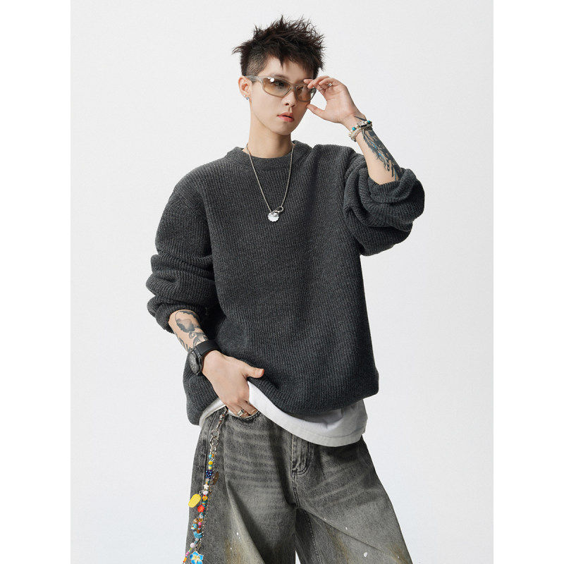 美式纯色圆领毛衣男女冬季复古慵懒风情侣针织衫高街潮牌套头线衣,男装,针织衫/毛衣,淘宝优惠券,粉丝福利购,淘宝优惠卷