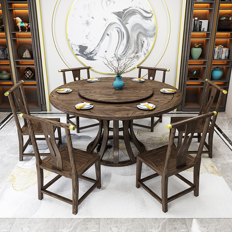 新中式白蜡木餐桌椅组合家用大小户型饭桌6人8人别墅大圆桌转盘