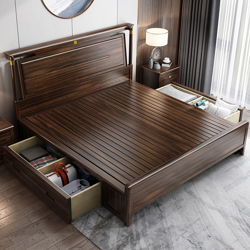 新中式乌金木全实木床现代简约中式床主卧婚床1.8米高箱双人大床