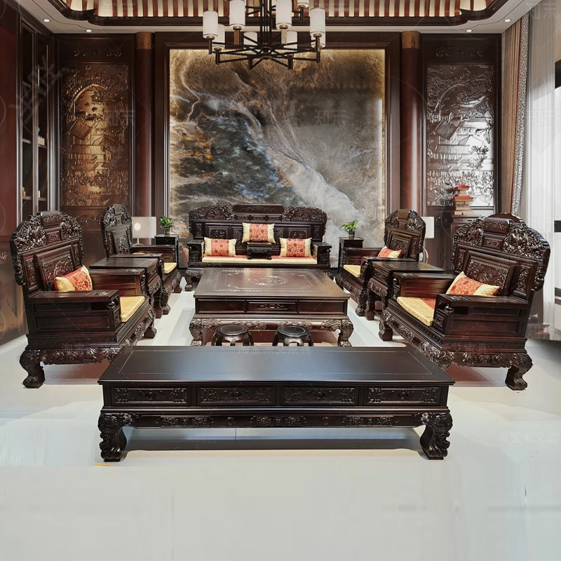 新古典实木沙发组合客厅家用雕花明清古典仿古仿红木大别墅家具