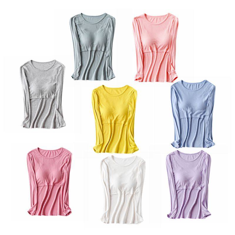 새로운 모달 핏 스트라이프 리프트 업 긴팔 간호 복 감금 의류 캐주얼 브라 프리 솔리드 컬러 출산 의류