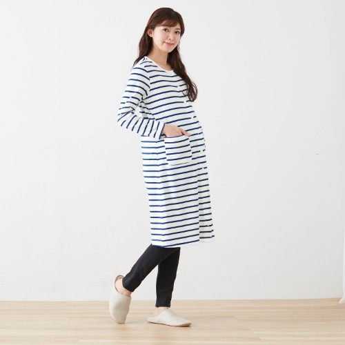 일본산 순면 스트라이프 산모 가정복 산후 중간 길이 긴팔 수유 잠옷 감금복