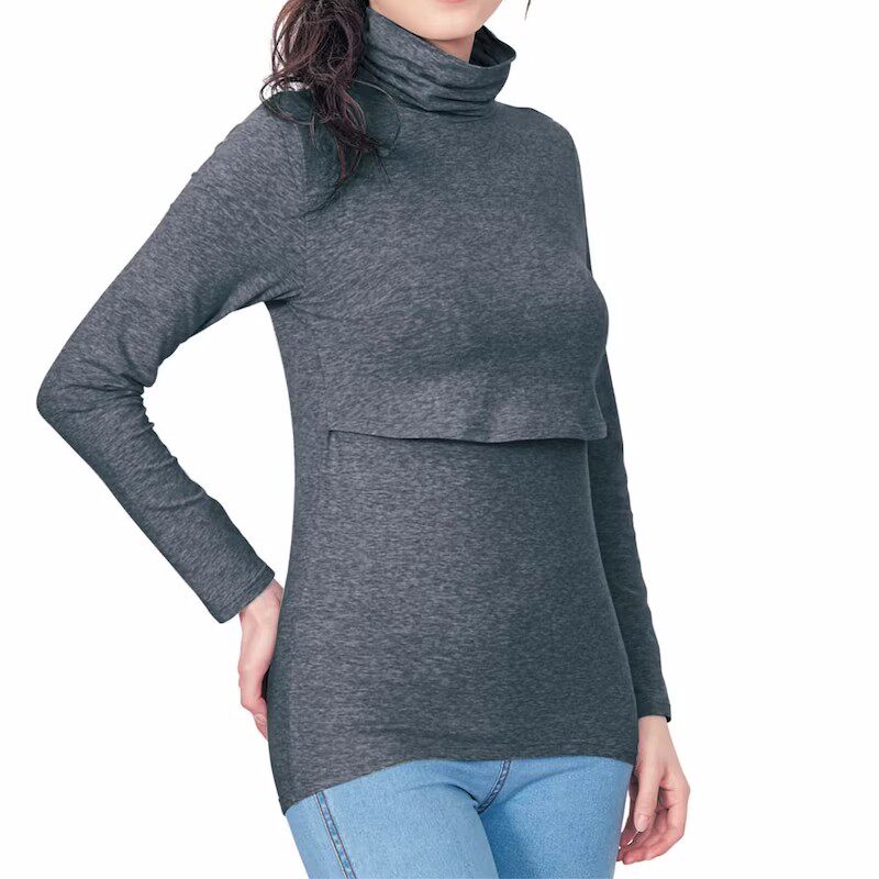 QIANJIA 임산부 모유 수유 터틀넥 바닥 셔츠 순수 코튼 긴 소매 모유 수유 티셔츠 가을 겨울 당겨 모유 수유 입 감금 옷