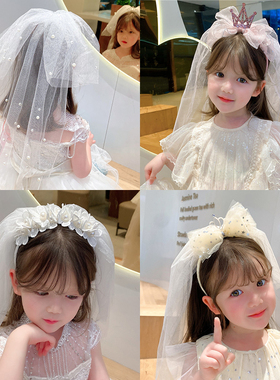 公主头纱皇冠白色小女孩发饰蝴蝶结婚纱拍照宝宝生日白色儿童发箍
