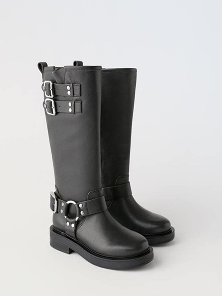 ZA2023 가을 신작 하이 부츠 가죽 버클 장식 오토바이 스타일 나이트 부츠 미드 커프 레트로 데님 웨스턴 부츠