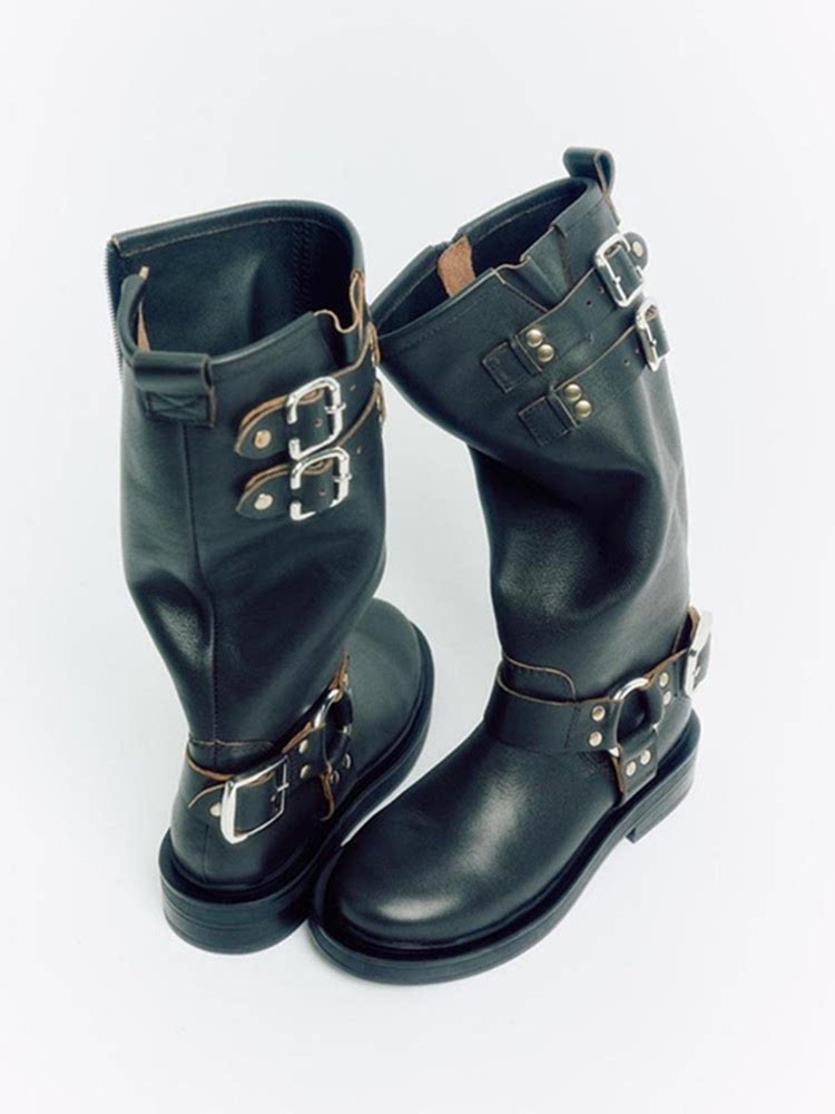 ZA2023 가을 신작 하이 부츠 가죽 버클 장식 오토바이 스타일 나이트 부츠 미드 커프 레트로 데님 웨스턴 부츠