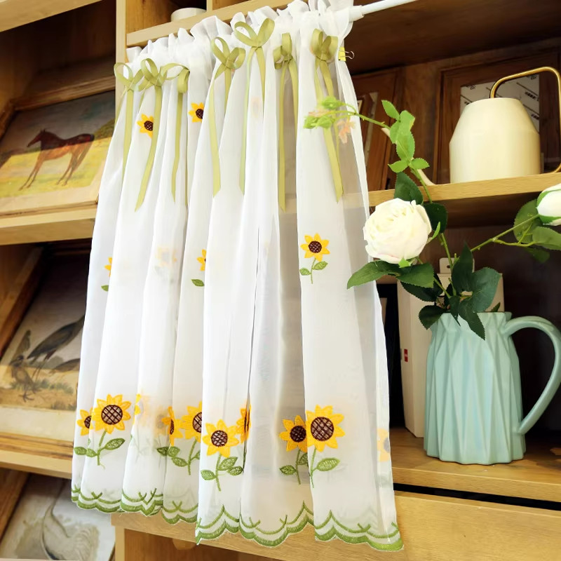 鸢尾乡旅向日葵半帘美式门帘绣花穿杆帘柜帘防尘帘咖啡帘半遮光,居家布艺,成品窗帘,淘宝优惠券,粉丝福利购,淘宝优惠卷