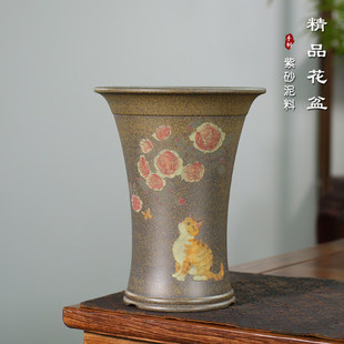神力圆口束腰精品紫砂兰花盆鲨皮青手工泥绘春兰寒兰绿植花卉盆栽