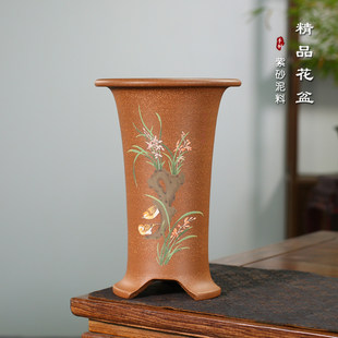 神力精品紫砂兰花盆降坡泥手工泥绘束腰大号春兰建兰寒兰植物桌面