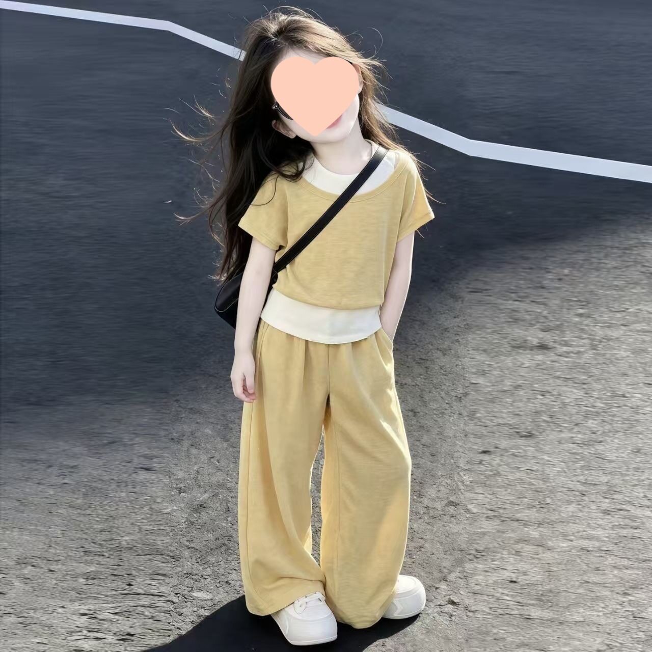 女童短袖套装夏2026新款儿童洋气时髦长裤女孩大童韩系假两件t恤