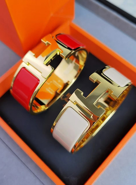 欧美经典不掉色字母扣白色玫瑰金奶茶色珐琅手镯简约百搭情侣手环