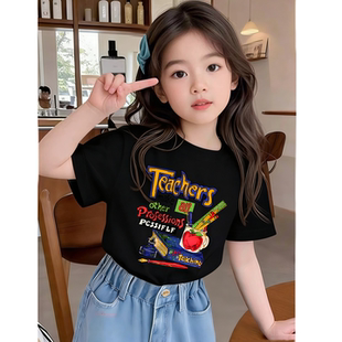 复古美式纯棉短袖T恤女童2026新款港式潮牌初中生小众黑色印花衣
