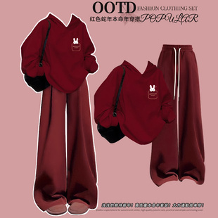 女童套装秋冬2025新款冬季初中生女孩加绒卫衣洋气红色大童新年服