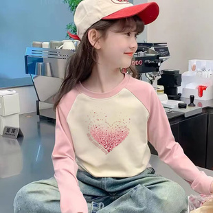 儿童双面发热德绒女童打底衫儿童插肩撞色长袖秋冬圆领保暖上衣萌