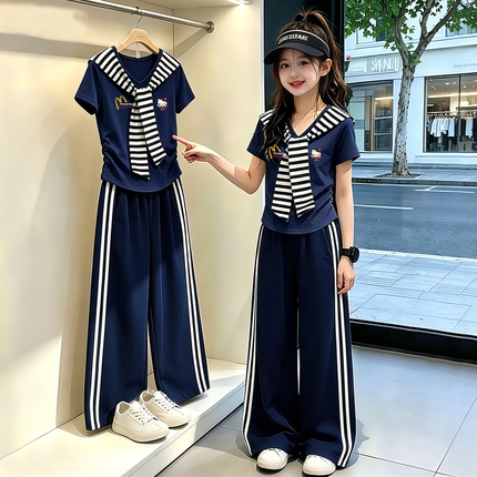 女大童夏季学院风两件套装海军领短袖T恤设计感少女时尚穿搭长裤