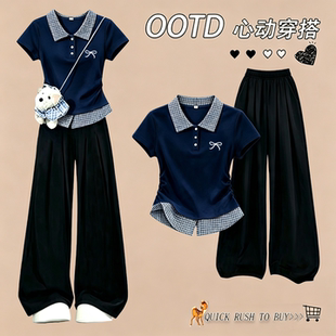 女大童夏装学院风洋气套装少女夏装时尚短袖t恤学生阔腿裤两件套