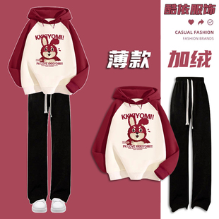 女童春秋季套装2025新款洋气初中学生冬装中大童女孩连帽加绒卫衣