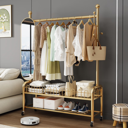 晾衣架落地阳台折叠晾衣杆家用衣架移动卧室穿衣镜一体带全身镜子