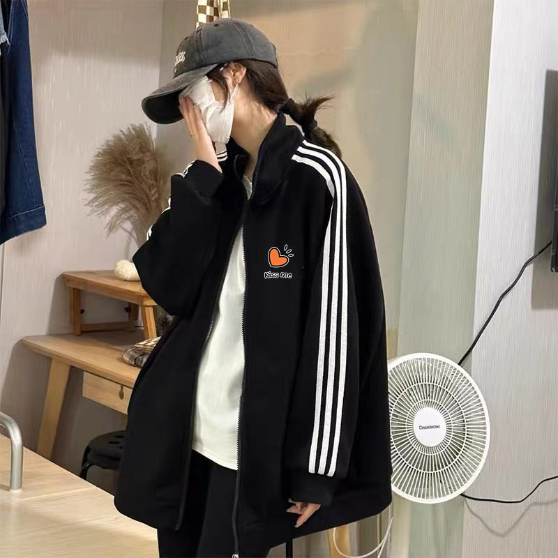 三条杠拉链长袖立领女