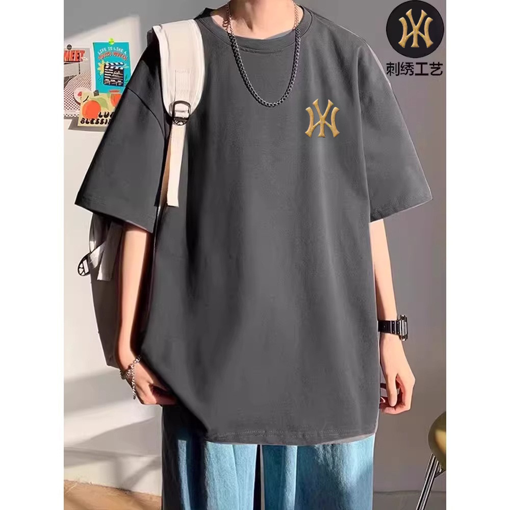 夏季休闲短袖男宽松圆领落肩袖纯棉T恤字母刺绣男士吸汗薄款上衣