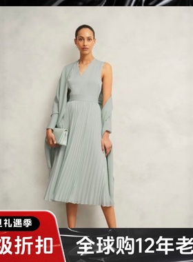 HOBBS连衣裙百褶裙背心裙浅绿色中长高腰修身缎面光泽优雅百搭