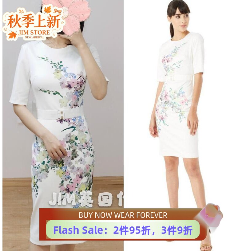 TED BAKER新短袖连衣裙包臀修身白色碎花优雅气质通勤OL清新百搭