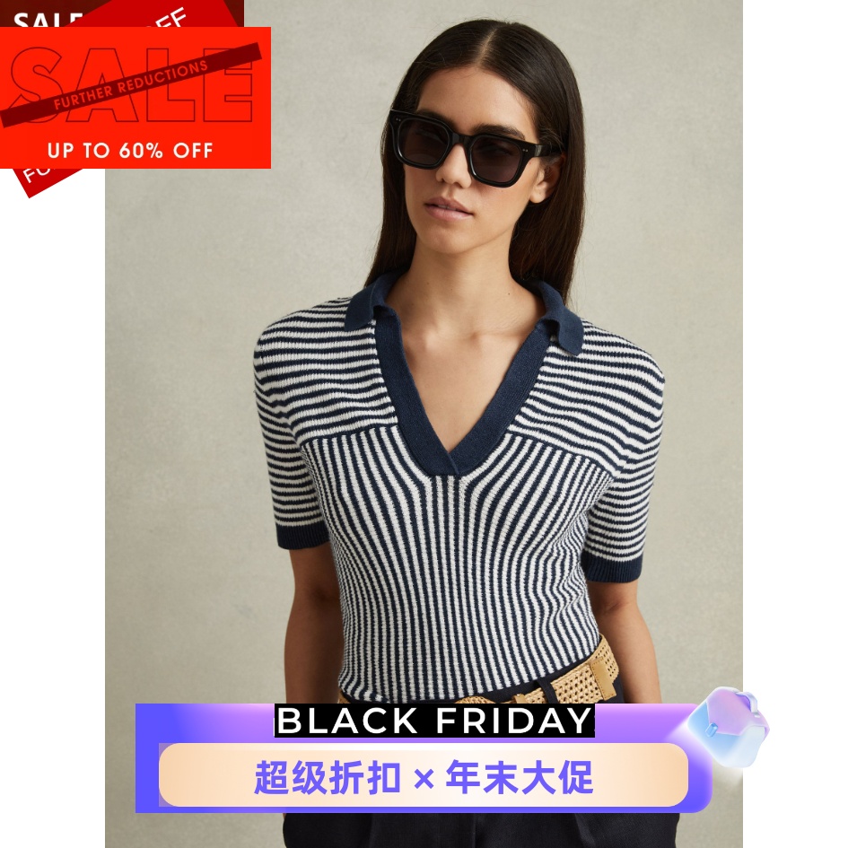 REISS亚麻混纺短袖POLO针织上衣