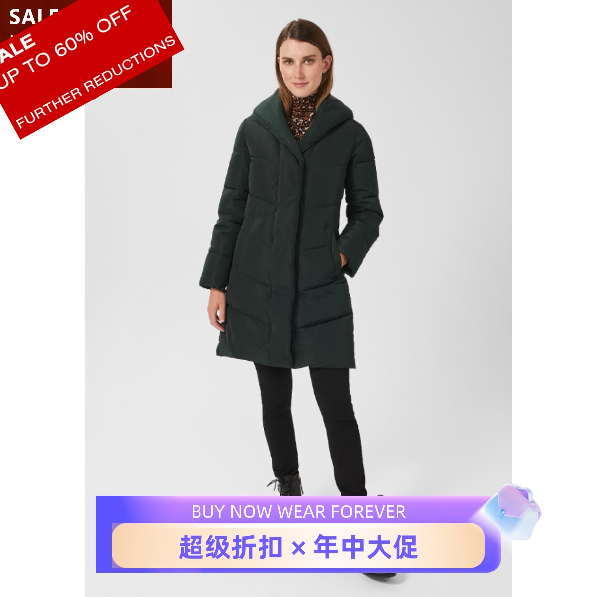 HOBBS长款棉服立领墨绿色对称口袋修身英伦风气质百搭显瘦