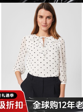 HOBBS衬衫衬衣白色波点七分袖木耳边系带领口清新淑女舒适百搭