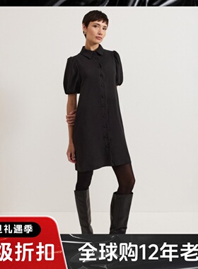 Phase Eight短袖黑色衬衫裙连衣裙一步裙中裙纯色简约气质显瘦