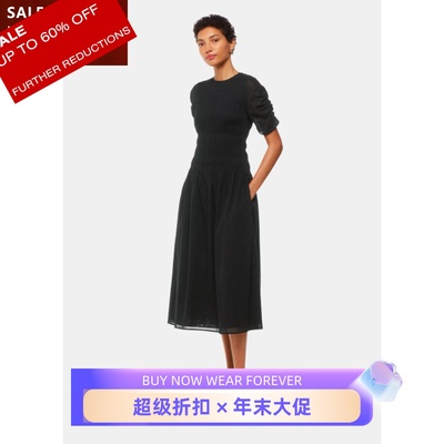 WHISTLES短袖连衣裙黑色中长A字棉质高腰修身褶皱英伦气质显瘦