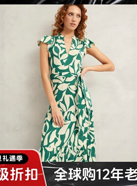 HOBBS短袖连衣裙休闲度假中长款A字绿色印花系带cap袖V领舒适百搭