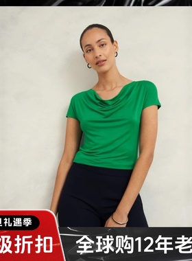 HOBBS绿色短袖T恤上衣堆堆领短款舒适弹力亲肤简约大气日常通勤OL