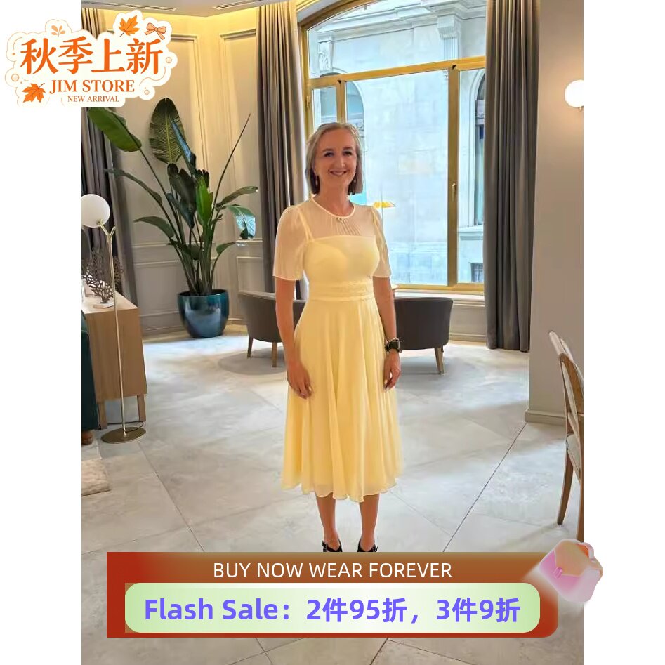 HOBBS淡黄中长连衣裙高腰