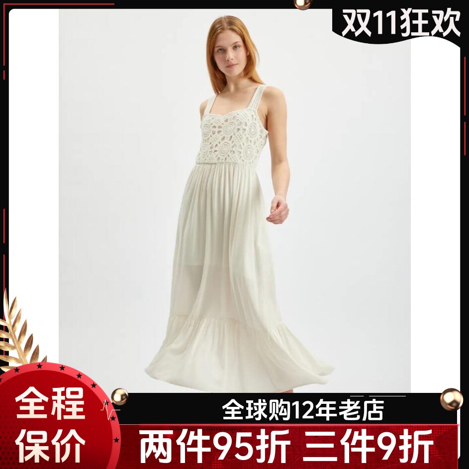 UNI CLOSET夏季乳白连衣裙背心雪纺中长纯色蕾丝拼接飘逸仙女