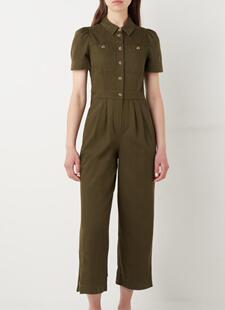 WHISTLES连体裤连体衣短袖九分裤深绿色衬衫领纽扣修身气质英伦