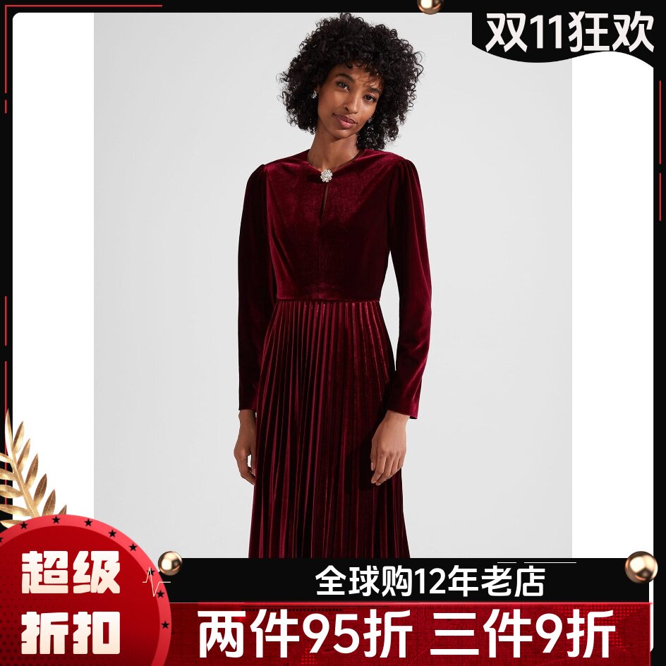 HOBBS丝绒百褶裙光泽优雅气质