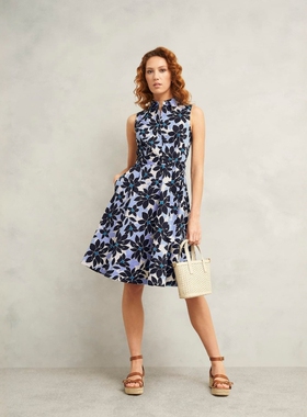 HOBBS蓝色印花衬衫裙中长系带A字简约修身日常通勤百搭气质英伦