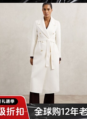 REISS白色双排扣羊毛大衣外套中长款系带纯色西服领简约时尚百搭
