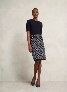 HOBBS短袖连衣裙包臀裙通勤英伦藏蓝格纹高腰修身优雅干练气质OL