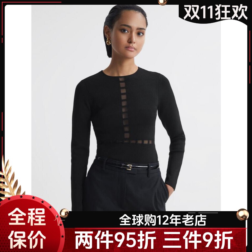 REISS黑色纱网拼接针织上衣通勤