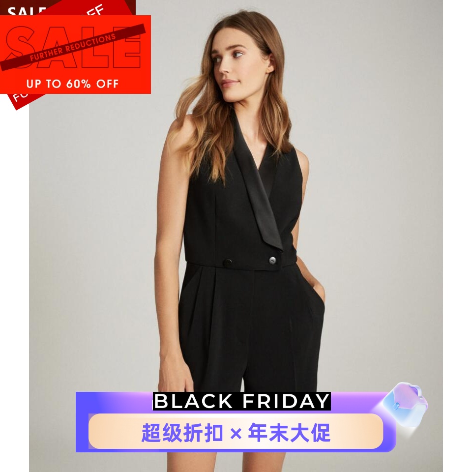 黑色西服领无袖短裤英伦连体衣