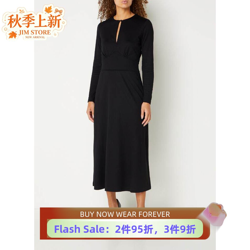 长袖黑色连衣裙高腰优雅英伦百搭
