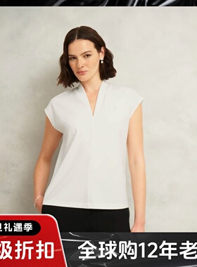 HOBBS白色T恤上衣盖肩袖V领直筒简约气质通勤OL风舒适百搭透气